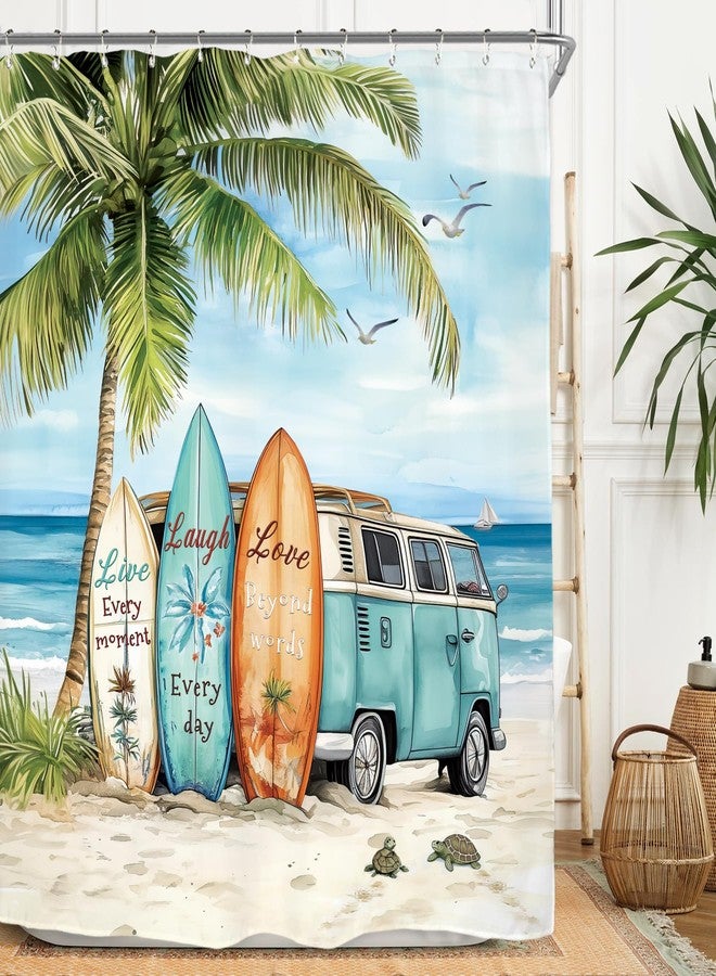 Miyotaa Coastal Beach Palm Surfboard Shower Curtain Set 60Wx71H Inches Ocean Summer Tropical Scenery Hawaii Camping Waterproof Bathroom Curtain with 12 Hooks - Image 1